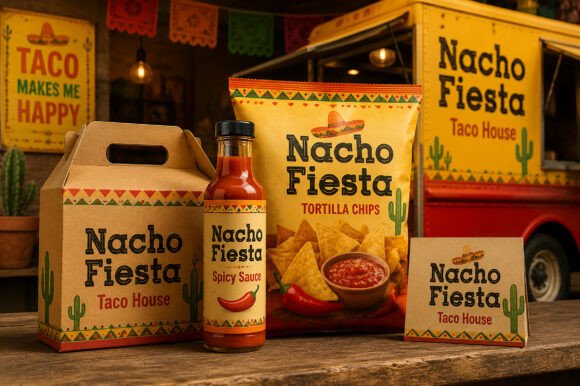 70+ Food Logo Fonts for Restaurants, Cafes, and Food Brands 180 Nacho Fiesta food packaging with chips, sauce, and a takeout box.