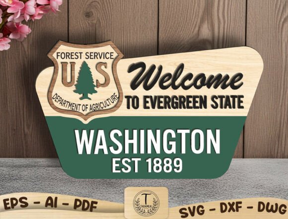 99+ Laser Cut Wood Projects To Sell From Home 223 Laser cut wood sign welcoming to Evergreen State, featuring Washington state details and a forest service emblem.