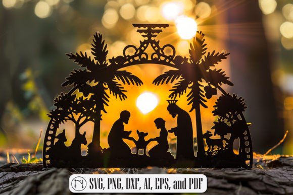 99+ Laser Cut Wood Projects To Sell From Home 177 Laser cut wood Christmas scene with figures and trees, illuminated by a sunset background.