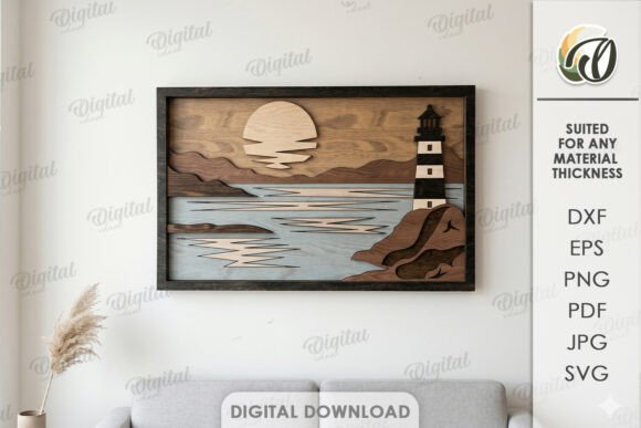 15 Laser Cut Wall Art Files for Wood and Acrylic 13 Laser cut wall art featuring a lighthouse and coastal scene with layered wood textures.