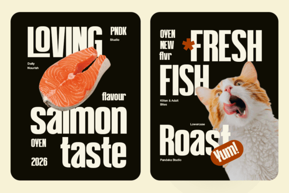 70+ Food Logo Fonts for Restaurants, Cafes, and Food Brands 42 Two food packaging designs featuring salmon and cat food with bold typography.