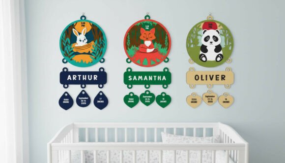 Easy Laser Cut Wood Projects To Sell On Etsy 22 Colorful personalized laser cut wood name plaques featuring animals for a nursery wall.