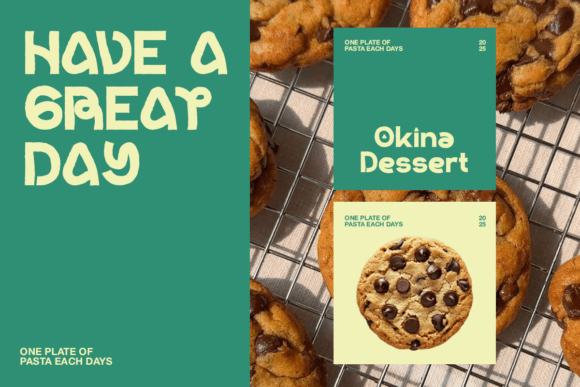 70+ Food Logo Fonts for Restaurants, Cafes, and Food Brands 55 Colorful food packaging design featuring cookies and the Okina font.