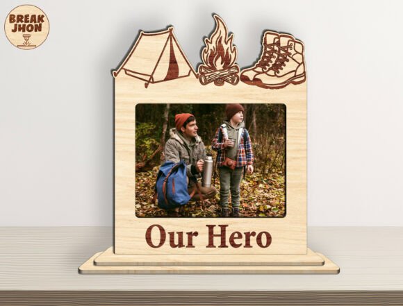 Laser Cut Products That Sell on Etsy and Make Money 10 Personalized photo engraved keepsake with camping theme and the text 'Our Hero'.