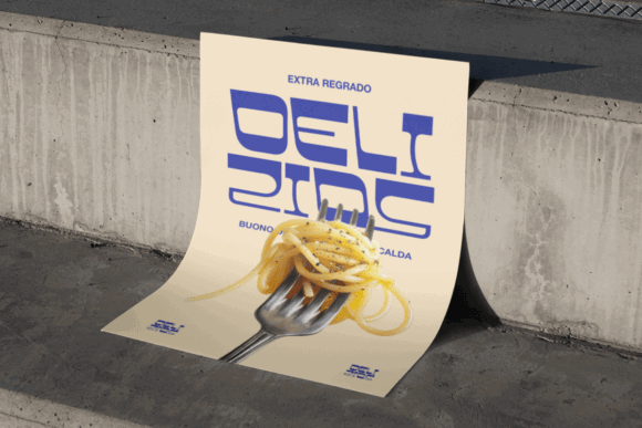 70+ Food Logo Fonts for Restaurants, Cafes, and Food Brands 35 A poster featuring a fork with spaghetti and bold typography for a food brand.