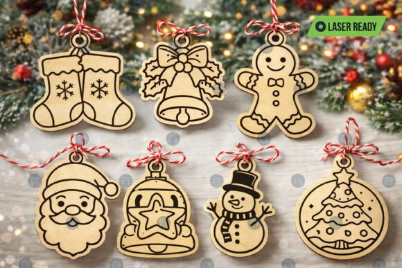 99+ Laser Cut Wood Projects To Sell From Home 152 Laser cut wood Christmas ornaments including stockings, a bell, a gingerbread man, and a snowman.