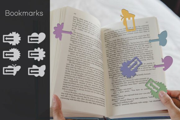 99+ Laser Cut Wood Projects To Sell From Home 88 Colorful laser cut wood bookmarks placed in an open book, showcasing unique designs.