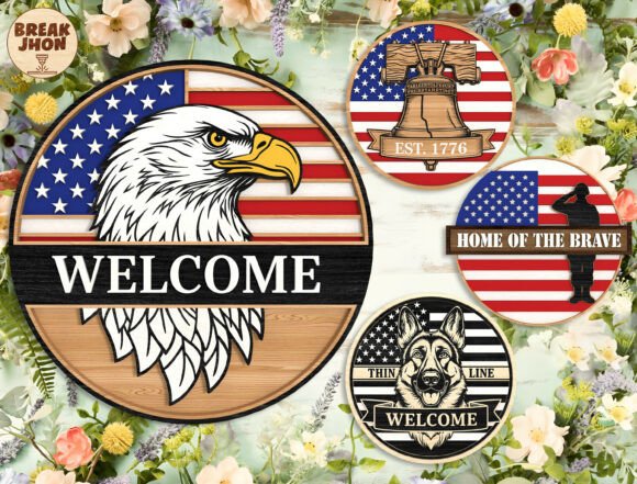 99+ Laser Cut Wood Projects To Sell From Home 419 Laser cut wood signs featuring patriotic designs with eagles and American flags.