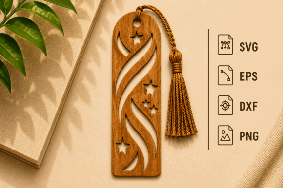 99+ Laser Cut Wood Projects To Sell From Home 97 Laser cut wooden bookmark with decorative swirls and stars, featuring a tassel.