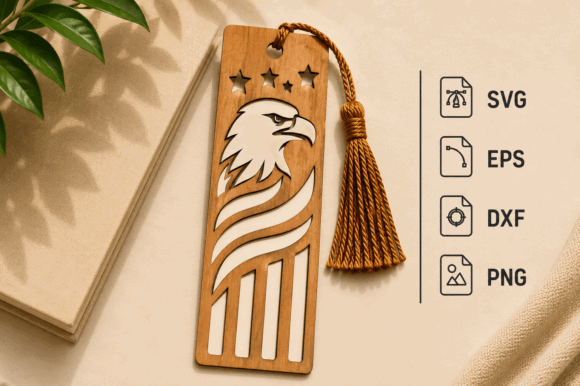 99+ Laser Cut Wood Projects To Sell From Home 96 Laser cut wooden patriotic bookmark featuring an eagle and stars, with a tassel attached.