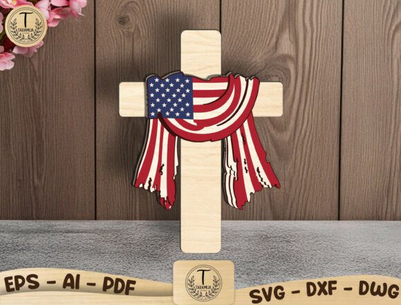 99+ Laser Cut Wood Projects To Sell From Home 165 Laser cut wood cross with American flag design and draped fabric, suitable for holiday decorations.