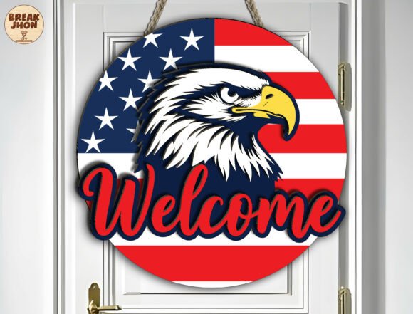 99+ Laser Cut Wood Projects To Sell From Home 168 Circular welcome sign featuring an eagle and American flag design.