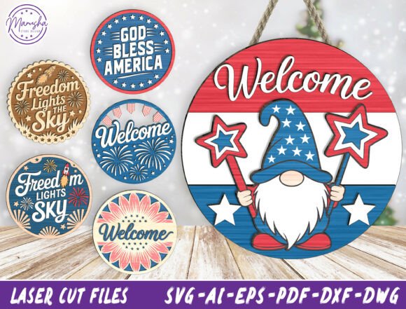 99+ Laser Cut Wood Projects To Sell From Home 420 Round patriotic wooden door hangers with American flag colors, stars, and phrases like 'Welcome' and 'God Bless America'