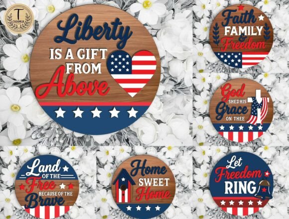 99+ Laser Cut Wood Projects To Sell From Home 417 Laser cut wood signs with patriotic themes and decorative elements, featuring phrases like 'Liberty' and 'Home Sweet Home'.