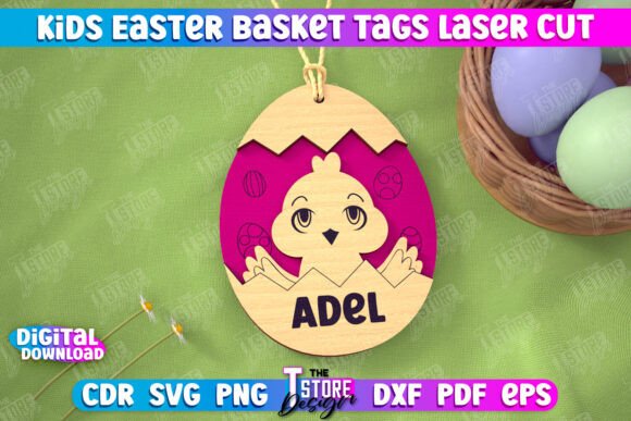 Laser Cut Products That Sell on Etsy and Make Money 36 Laser cut Easter basket tag featuring a chick design and the name 'Adel' in pink and wood.