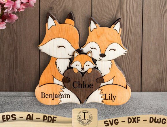 Laser Cut Products That Sell on Etsy and Make Money 6 Personalized laser cut family sign featuring three foxes and names on a wooden background.