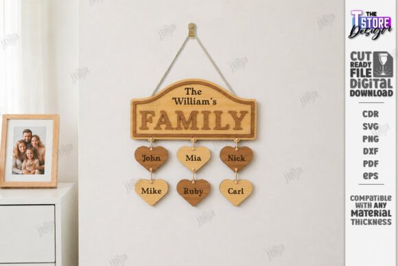 Easy Laser Cut Wood Projects To Sell On Etsy 31 Personalized wooden family wall sign with names on heart shapes.