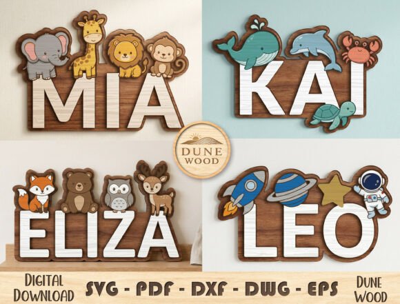 Laser Cut Products That Sell on Etsy and Make Money 7 Personalized wooden name signs featuring animals and space themes for children.