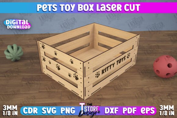 99+ Laser Cut Wood Projects To Sell From Home 250 Laser cut wooden pet toy box with paw print design, labeled 'KITTY TOYS'.