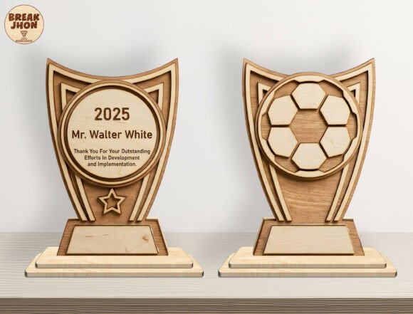 Easy Laser Cut Wood Projects To Sell On Etsy 74 Minimalist wooden trophy and award plaque with customizable text and soccer ball design.