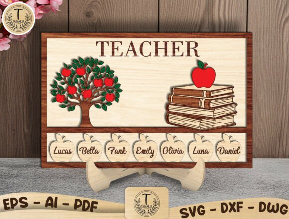 99+ Laser Cut Wood Projects To Sell From Home 263 Laser cut wooden teacher sign featuring an apple tree and books with name tags for students.