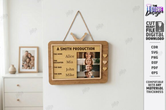 Easy Laser Cut Wood Projects To Sell On Etsy 33 Personalized family wall sign with photos and names, showcasing a laser cut wood design.