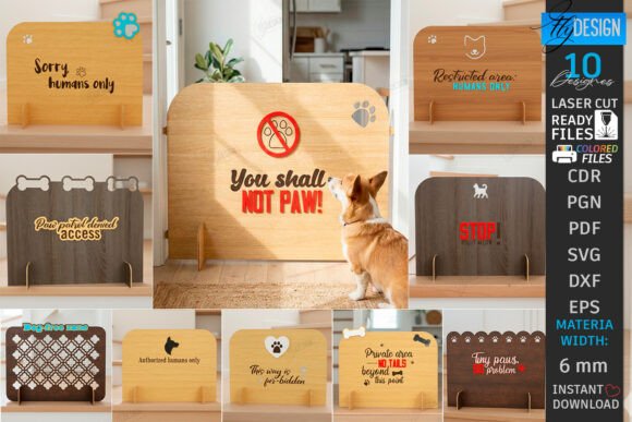 99+ Laser Cut Wood Projects To Sell From Home 255 Laser cut wood signs with various messages and pet-themed designs, displayed alongside a dog.