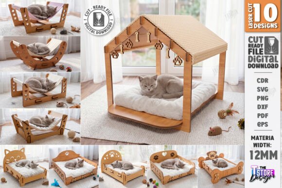 99+ Laser Cut Wood Projects To Sell From Home 245 Laser cut wooden pet beds with various designs and a cat resting inside one of them.