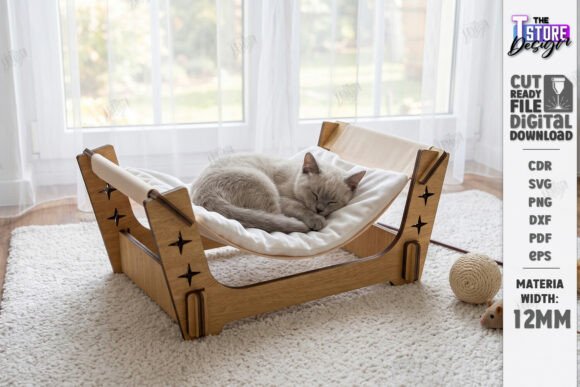 99+ Laser Cut Wood Projects To Sell From Home 253 Laser cut wooden pet bed with a cat sleeping on it, showcasing a cozy design.