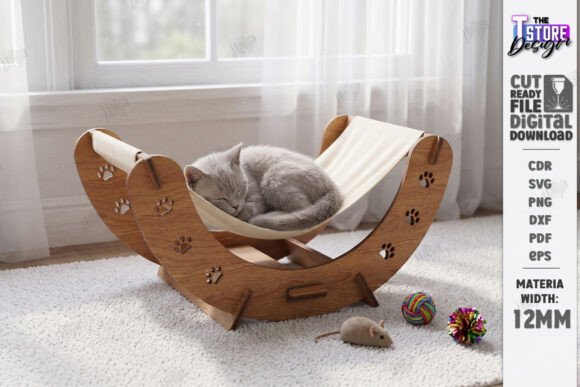 99+ Laser Cut Wood Projects To Sell From Home 252 Laser cut wooden pet hammock with a sleeping cat, showcasing a cozy design for pets.