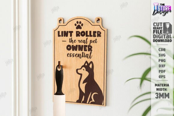 99+ Laser Cut Wood Projects To Sell From Home 254 Laser cut wood sign with a dog silhouette and text about lint rollers for pet owners.
