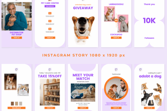 12 Instagram Stories Templates for Small Businesses That Save Time 14 Instagram Story template featuring pet adoption themes with dogs and promotional text.