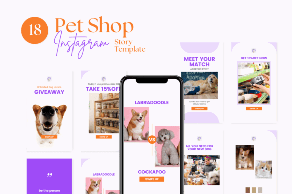 12 Instagram Stories Templates for Small Businesses That Save Time 15 Pet Shop Instagram Story Template featuring dogs and promotional text for pet adoption and giveaways.