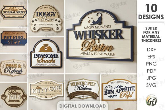 99+ Laser Cut Wood Projects To Sell From Home 244 Laser cut wood signs for pet-themed businesses, featuring various designs and text.