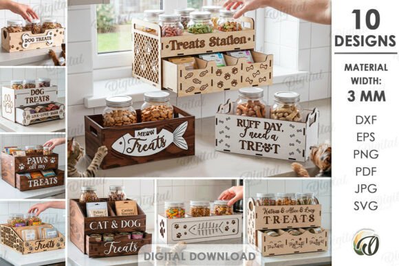 99+ Laser Cut Wood Projects To Sell From Home 242 Laser cut wood storage boxes labeled for dog treats and snacks in various designs.