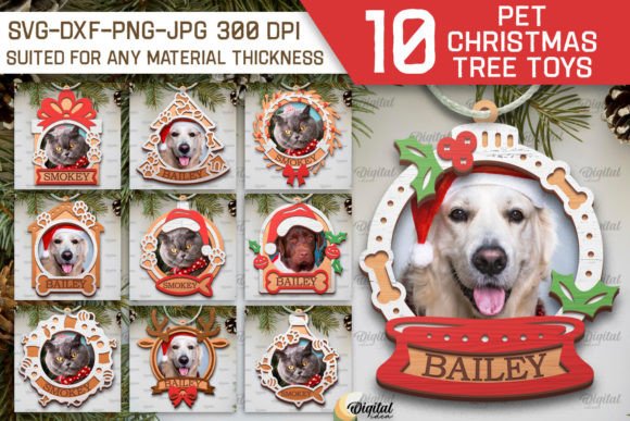 99+ Laser Cut Wood Projects To Sell From Home 151 Laser cut wood Christmas ornaments featuring pet photos and names, designed for holiday decorations.