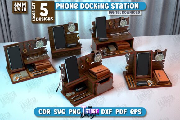 99+ Laser Cut Wood Projects To Sell From Home 455 Laser cut wood phone docking station with multiple designs, featuring compartments for accessories.