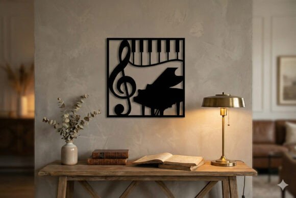 15 Laser Cut Wall Art Files for Wood and Acrylic 2 Laser cut wall art featuring a piano and musical notes on a wall in a cozy living space.