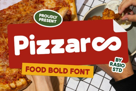 70+ Food Logo Fonts for Restaurants, Cafes, and Food Brands 17 Pizzaroo font displayed with pizza and food items.
