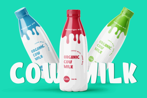 70+ Food Logo Fonts for Restaurants, Cafes, and Food Brands 186 Three milk bottles with colorful caps and labels on a bright background.