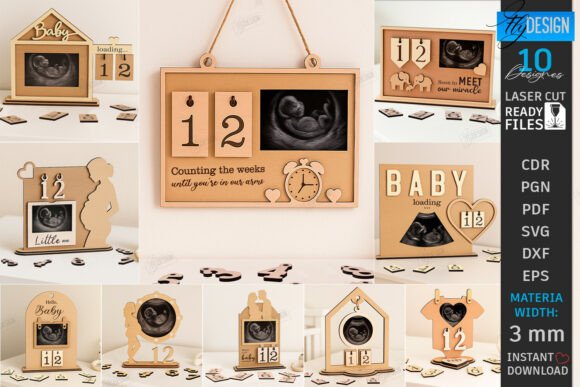 99+ Laser Cut Wood Projects To Sell From Home 433 Laser cut wood countdown board displaying baby milestones and photos, featuring hearts and a clock design.