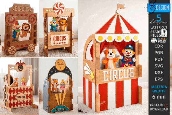 99+ Laser Cut Wood Projects To Sell From Home 328 Laser cut wood circus playset with colorful designs and characters, showcasing creative craftsmanship.