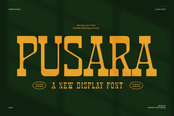 70+ Food Logo Fonts for Restaurants, Cafes, and Food Brands 117 Pusara font displayed in bold yellow on a dark green background.