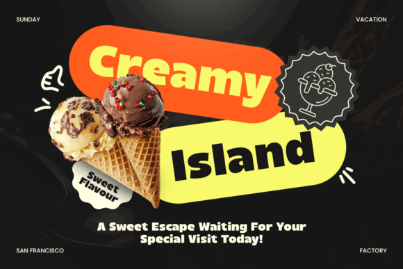 70+ Food Logo Fonts for Restaurants, Cafes, and Food Brands 97 Colorful logo design for Creamy Island featuring ice cream cones and playful typography.
