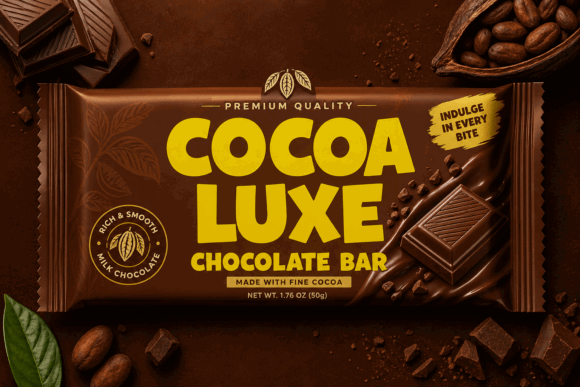 70+ Food Logo Fonts for Restaurants, Cafes, and Food Brands 93 Cocoa Luxe chocolate bar packaging with rich brown background and bold yellow text.