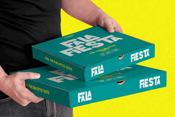 70+ Food Logo Fonts for Restaurants, Cafes, and Food Brands 176 Two teal pizza boxes with bold white text on a bright yellow background.