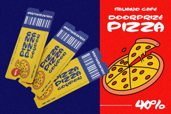70+ Food Logo Fonts for Restaurants, Cafes, and Food Brands 113 Colorful pizza coupons featuring a cartoon pizza slice and bold text.
