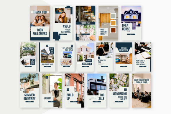 12 Instagram Stories Templates for Small Businesses That Save Time 23 Collage of Instagram Story templates featuring real estate themes and promotional text.