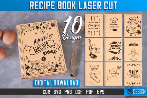 99+ Laser Cut Wood Projects To Sell From Home 336 Laser cut wood recipe book cover designs featuring decorative elements and text.