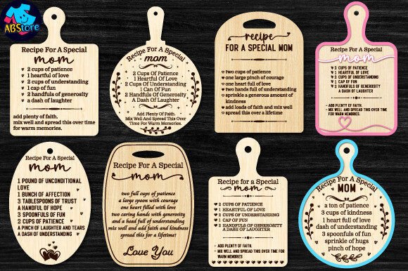 99+ Laser Cut Wood Projects To Sell From Home 333 Laser cut wood recipe boards with personalized messages for a special mom, featuring decorative designs.